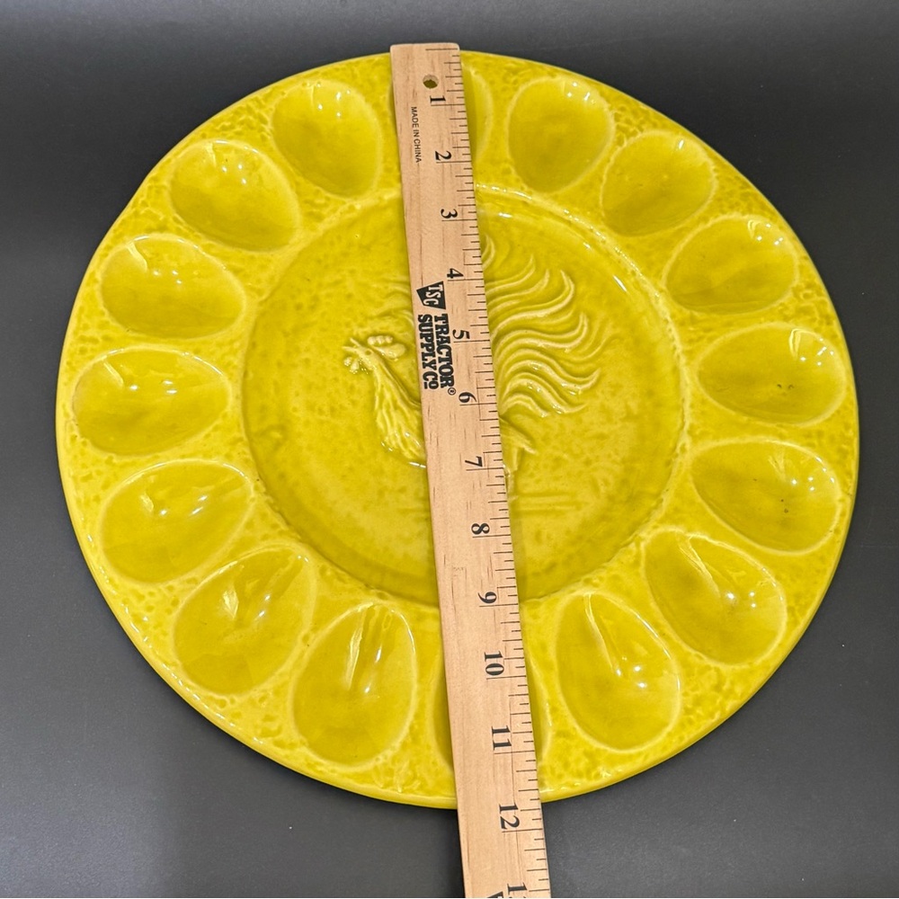 Vintage California Pottery Yellow Glazed Rooster Deviled Egg Plate 12” Platter - Picture 6 of 16